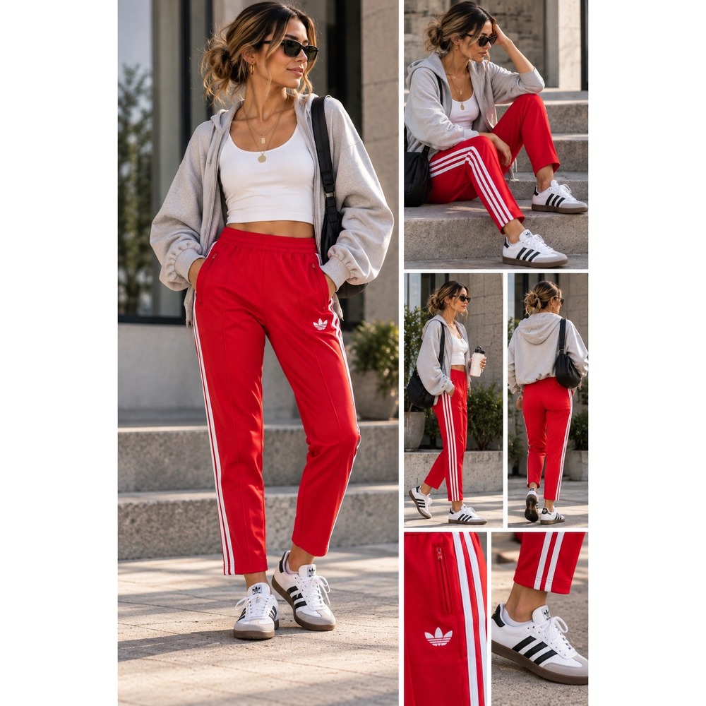 Adidas Originals Womens Red 3-Stripe Track Pants Slim Fit Trefoil Joggers Sz XS